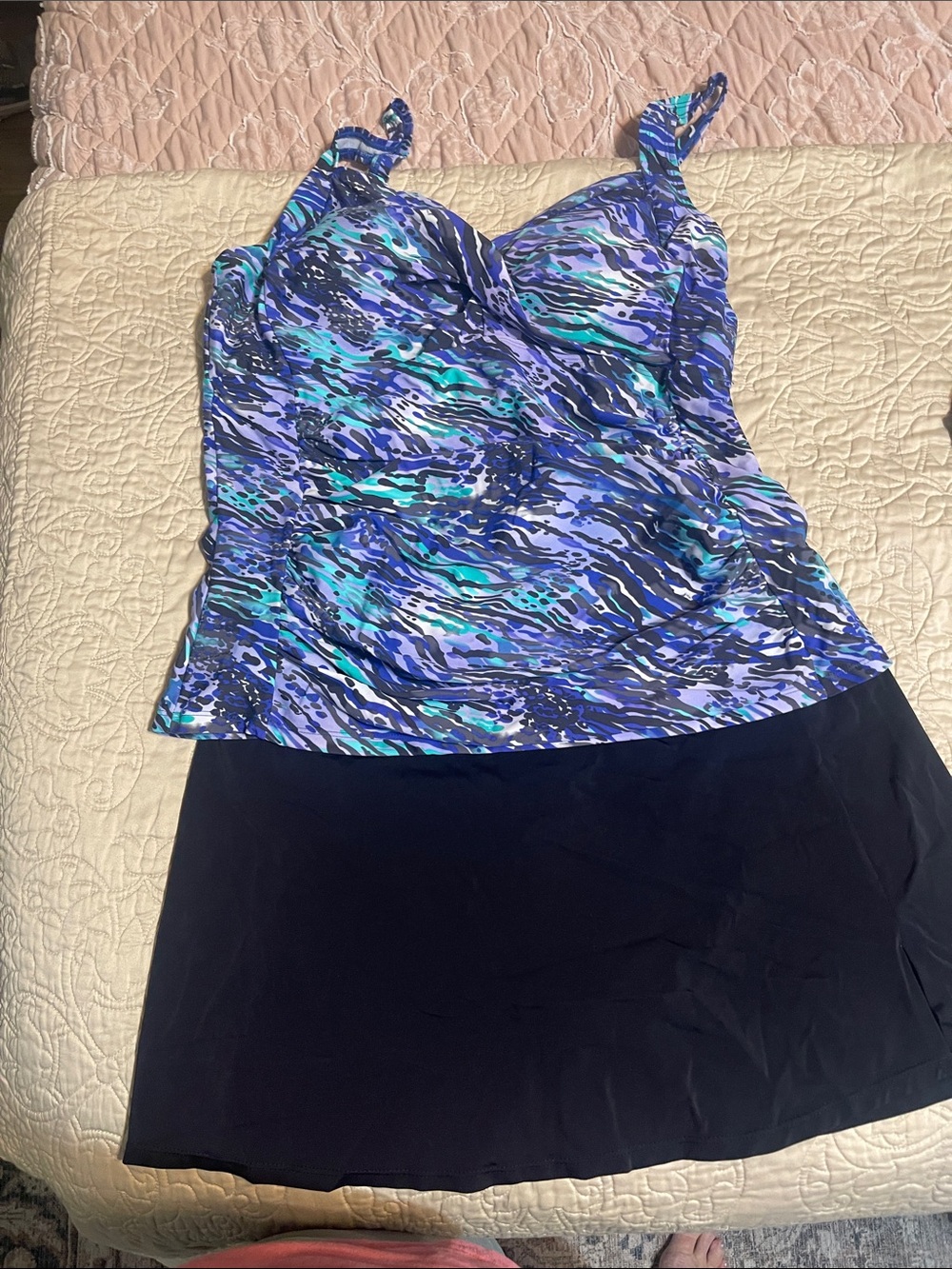 Blue Patterned Women’s Tankini Swim Top with Navy Skirt